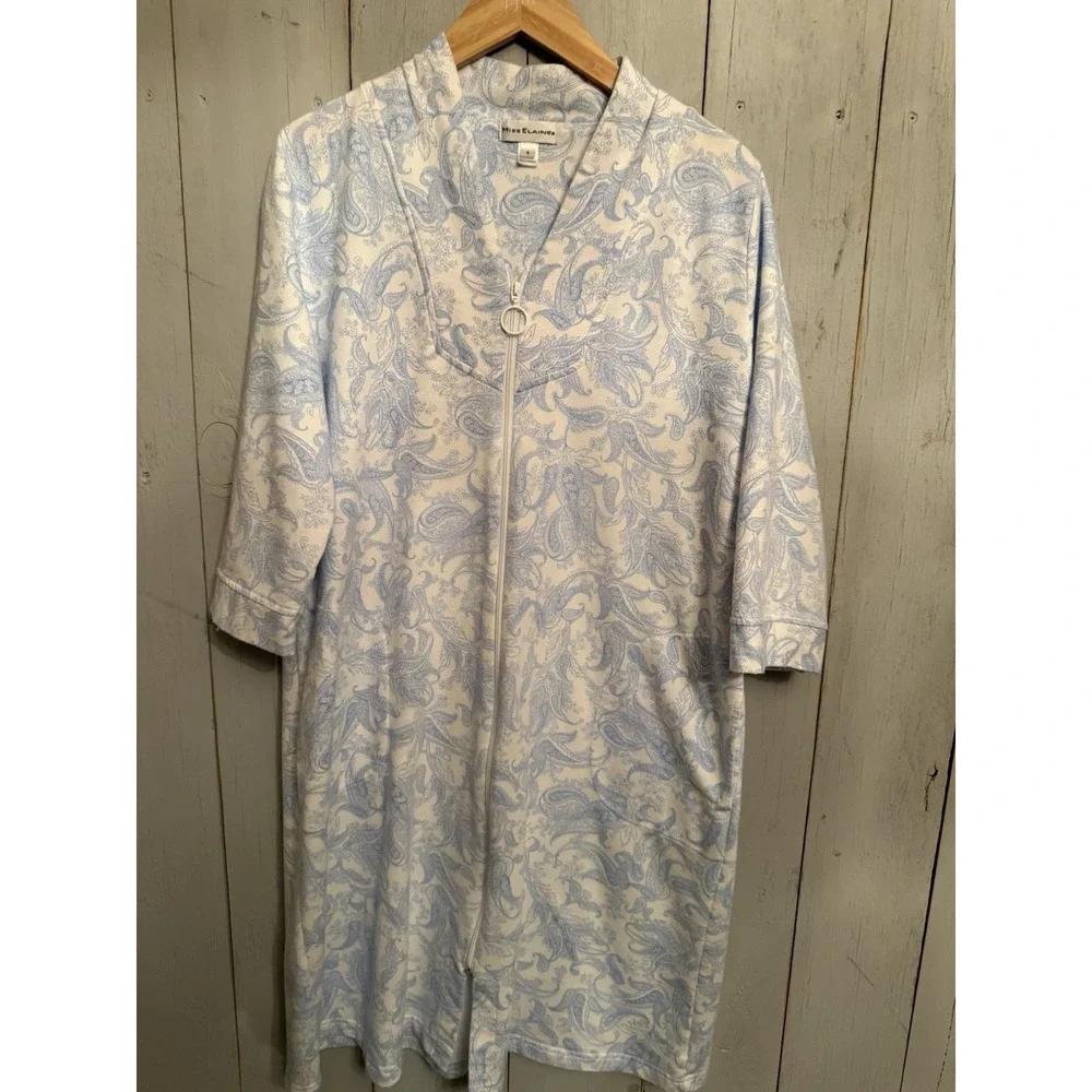 Miss Elaine Quilted Paisley  3/4-Sleeve Full Zip‎ Up Robe Blue Floral Sz-S
